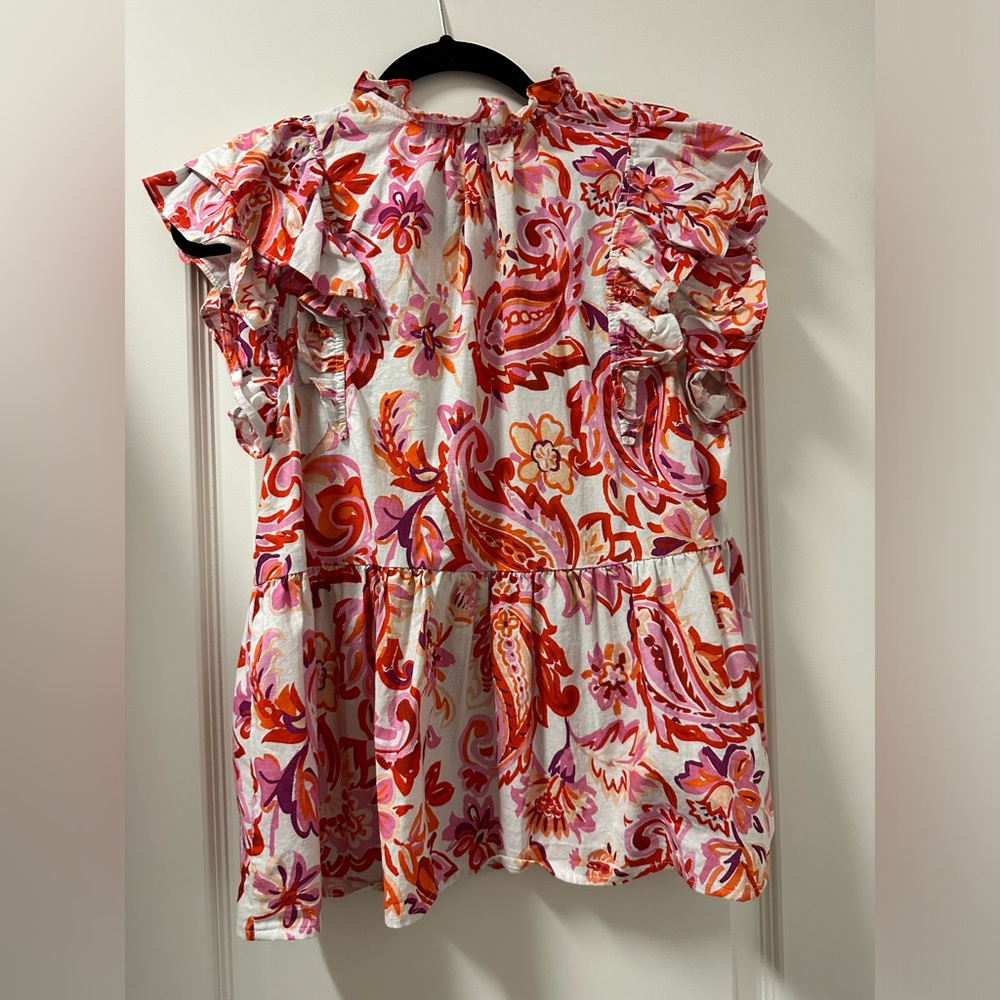 entro Floral Ruffle Sleeve Top in Pink & Orange Women’s Size Small 100% Cotton - Picture 2 of 3
